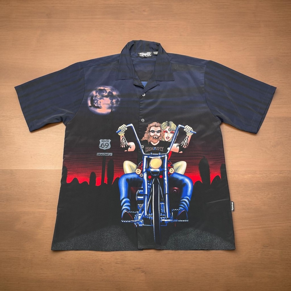 Dragonfly Clothing Co Mens XXL Route 69 Biker Bikini‎ Graphic Camp Shirt Black